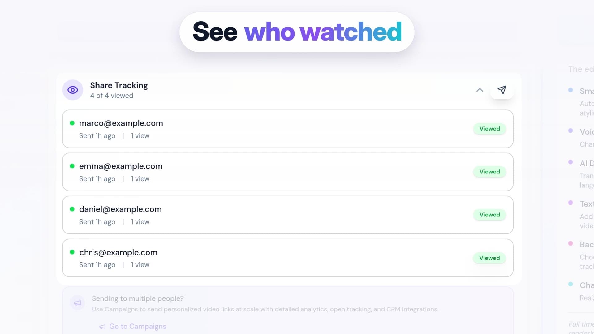 Zidi's Share Tracking list: four people, each marked Viewed